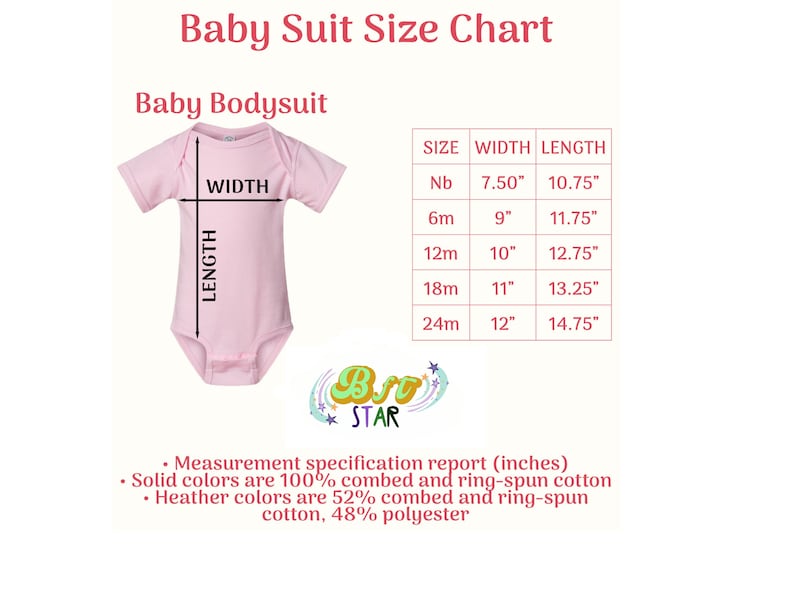 May include: A size chart for baby bodysuits, showing the width and length measurements in inches for sizes newborn to 24 months. The chart is labelled "Baby Suit Size Chart" and "Baby Bodysuit".