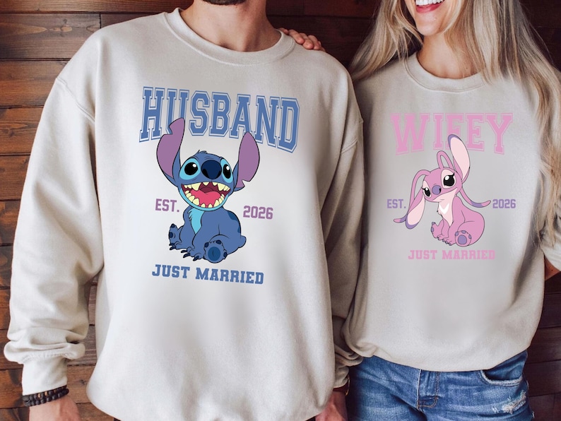 Stitch & Angel Husband Wifey Sweatshirt, Stitch and Angel Couples Tshirt, Disney Honeymoon Tee