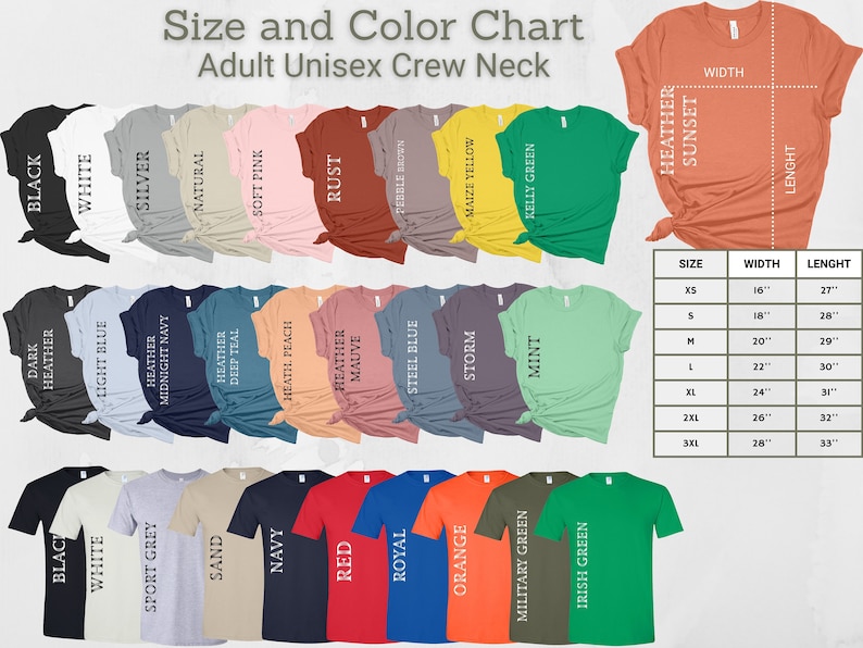 May include: Size and color chart for adult unisex crew neck t-shirts. The chart shows 24 different colors, including black, white, silver, natural, soft pink, rust, pebble brown, maize yellow, kelly green, heather deep teal, heath peach, heather mauve, steel blue, storm, mint, dark heather, light blue, heather midnight navy, sand, navy, red, royal, orange, military green, and Irish green. The chart also includes a size chart with measurements in inches for XS, S, M, L, XL, 2XL, and 3XL.