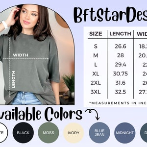 May include: A woman models a gray t-shirt, with size and color options displayed. The shirt's length ranges from 26.6 to 32.5 inches, and width from 18.25 to 27.75 inches. Available colors include white, black, moss, ivory, blue jean, midnight, and denim.