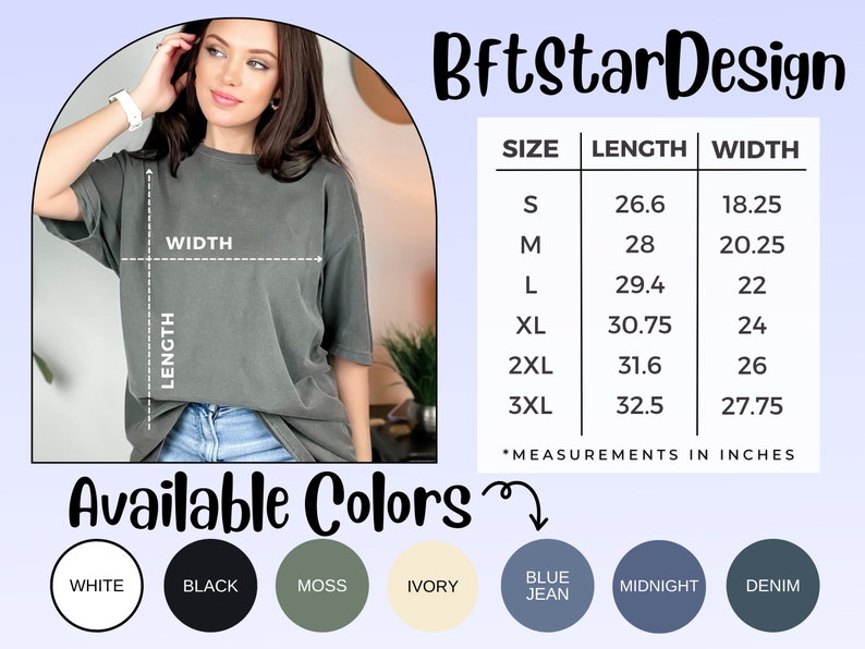 May include: A woman models a gray t-shirt, with size and color options displayed. The shirt's length ranges from 26.6 to 32.5 inches, and width from 18.25 to 27.75 inches. Available colors include white, black, moss, ivory, blue jean, midnight, and denim.