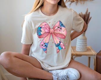 Stitch Valentines Day Shirt, Stitch Coquette Shirt, Disney Stitch And Angel Shirt, Pink Bow Shirt
