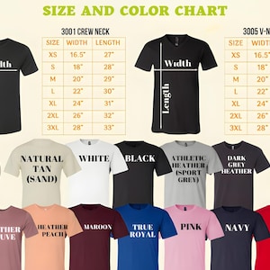 May include: Size and colour chart for t-shirts with crew and v-neck styles. The chart shows the width and length measurements in inches for sizes XS to 3XL. The colour options include Natural Tan (Sand), White, Black, Athletic Heather (Sport Grey), Dark Grey Heather, Heather Mauve, Heather Peach, Maroon, True Royal, Pink, Navy, and Red.