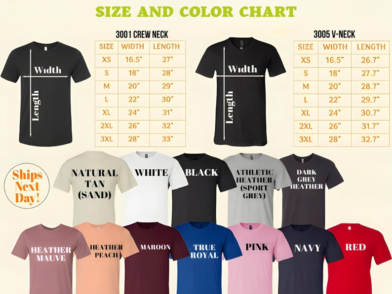 May include: Size and colour chart for t-shirts with crew and v-neck styles. The chart shows the width and length measurements in inches for sizes XS to 3XL. The colour options include Natural Tan (Sand), White, Black, Athletic Heather (Sport Grey), Dark Grey Heather, Heather Mauve, Heather Peach, Maroon, True Royal, Pink, Navy, and Red.