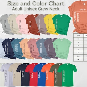 May include: Size and color chart for adult unisex crew neck t-shirts. The chart shows 24 different colors, including black, white, silver, natural, soft pink, rust, pebble brown, maize yellow, kelly green, heather deep teal, heath peach, heather mauve, steel blue, storm, mint, dark heather, light blue, heather midnight navy, sand, navy, red, royal, orange, military green, and Irish green. The chart also includes a size chart with measurements in inches for XS, S, M, L, XL, 2XL, and 3XL.