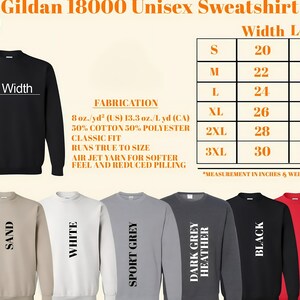 May include: A Gildan 18000 Unisex Sweatshirt in a range of colours, including sand, white, sport grey, dark grey heather, black, and red. The sweatshirt is made from 50% cotton and 50% polyester. The size chart shows the width and length in inches for sizes S to 3XL. The text "Ships Next Day!" is visible in the top left corner.