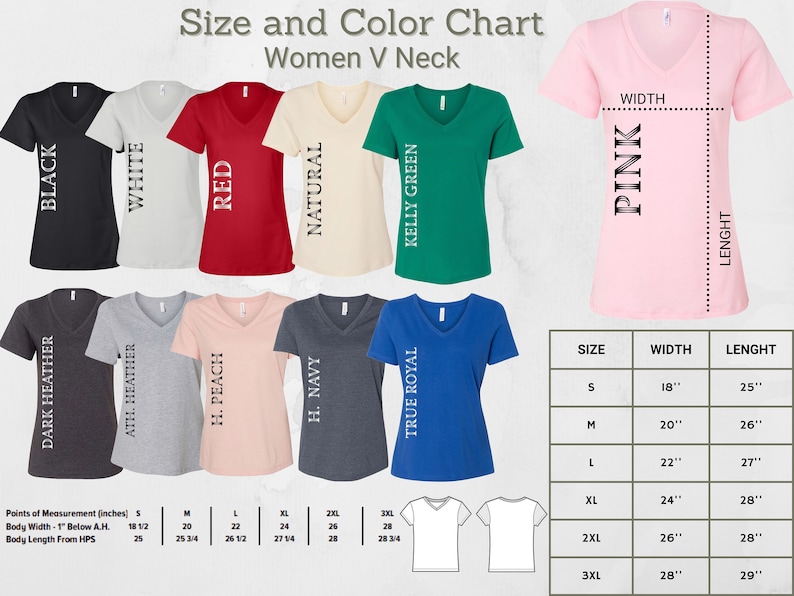May include: Size and color chart for women's V-neck t-shirts. The chart shows 10 different colors, including black, white, red, natural, kelly green, dark heather, ath heather, h. peach, h. navy, and true royal. The chart also includes a size chart with measurements in inches for width and length.