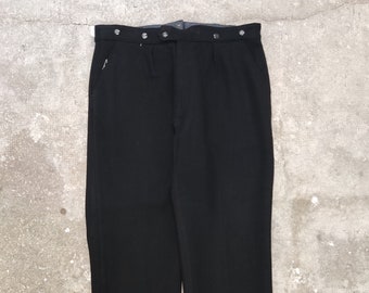 Pantalon de travail Deadstock Drap de laine noir Taille 52-74 avec ceinture chambray 1940’s - Vêtement de travail français vintage