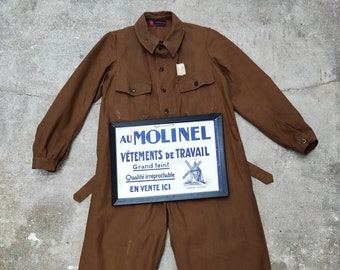 Combinaison Lin 1930s Au Molinel marron Taille 44 Deadstock (traces de stockage) - Vêtement de travail français vintage