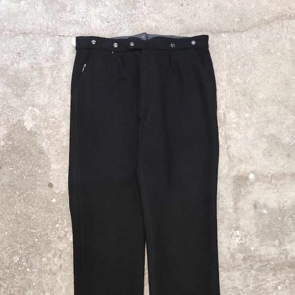 Pantalon de travail Deadstock Drap de laine noir Taille 52-74 avec ceinture chambray 1940’s - Vêtement de travail français vintage