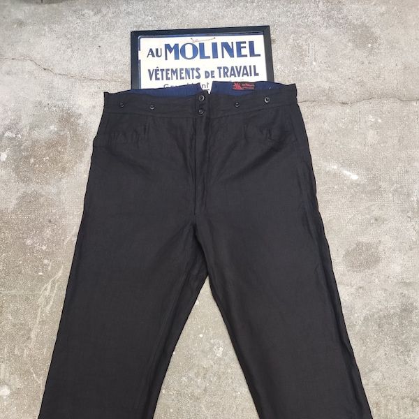 Pantalon maquignon Au Molinel 1930's Lin indigo noir/bleu taille 62 - Vêtement de travail français vintage