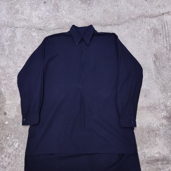 Chemise made in France bleu marine coton retors intérieur molleton 2 Boutons - Vêtement français vintage