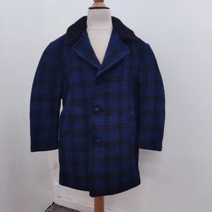 Manteau enfant plaid 1940&#39;s Laine imperméabilisée Bleu et noir - Vêtement français vintage
