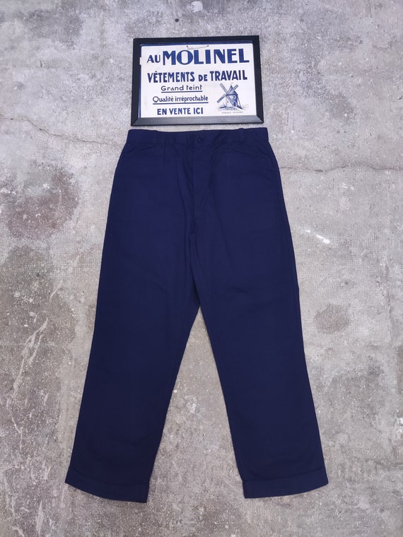 Pantalon bleu métis lin-coton Au Molinel Taille 48 1950's Poche spéciale -  Vêtement de travail français vintag