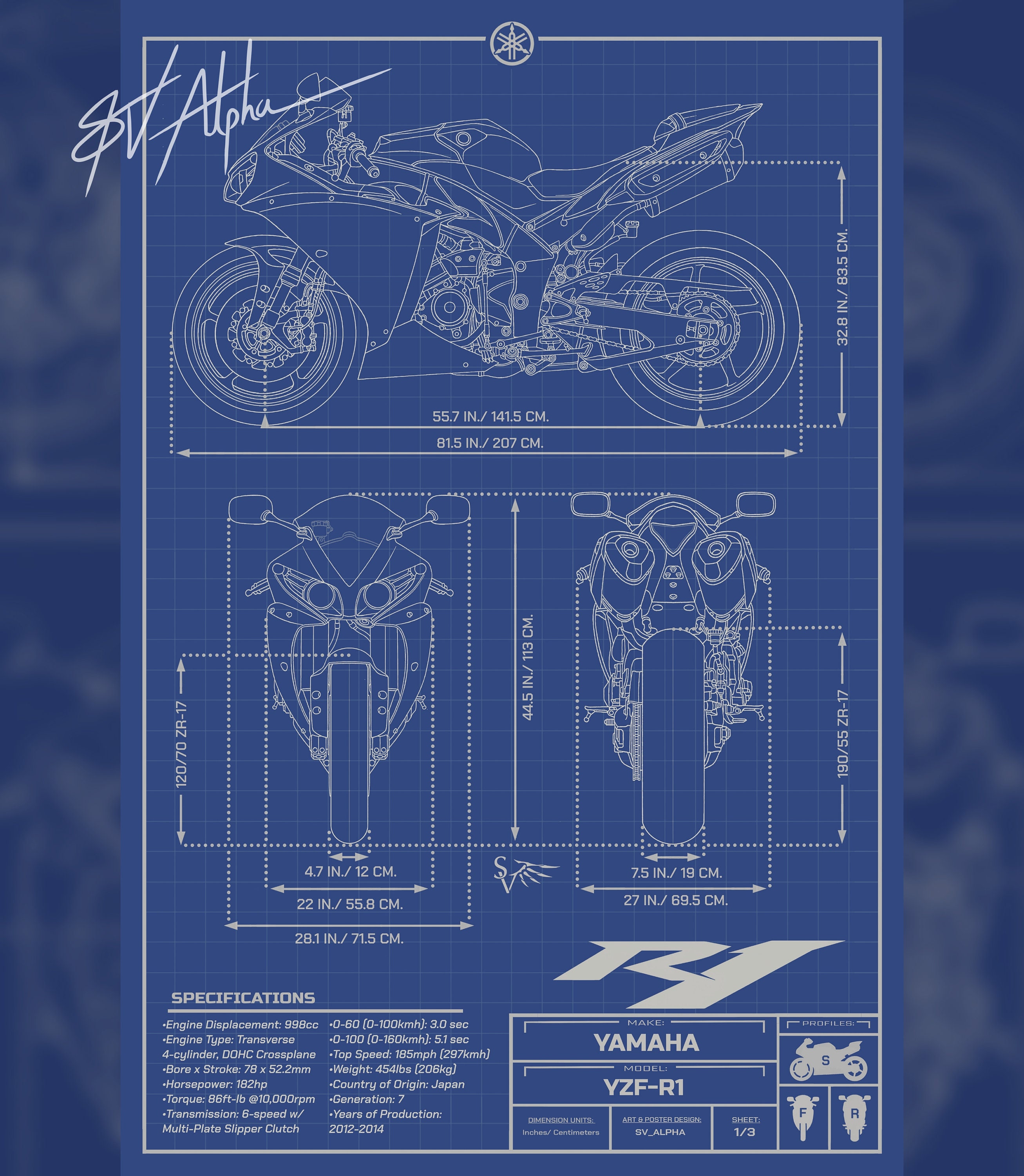 Yamaha YZF-R1 (2012) Informational Blueprint - Motorcycle Poster - Etsy