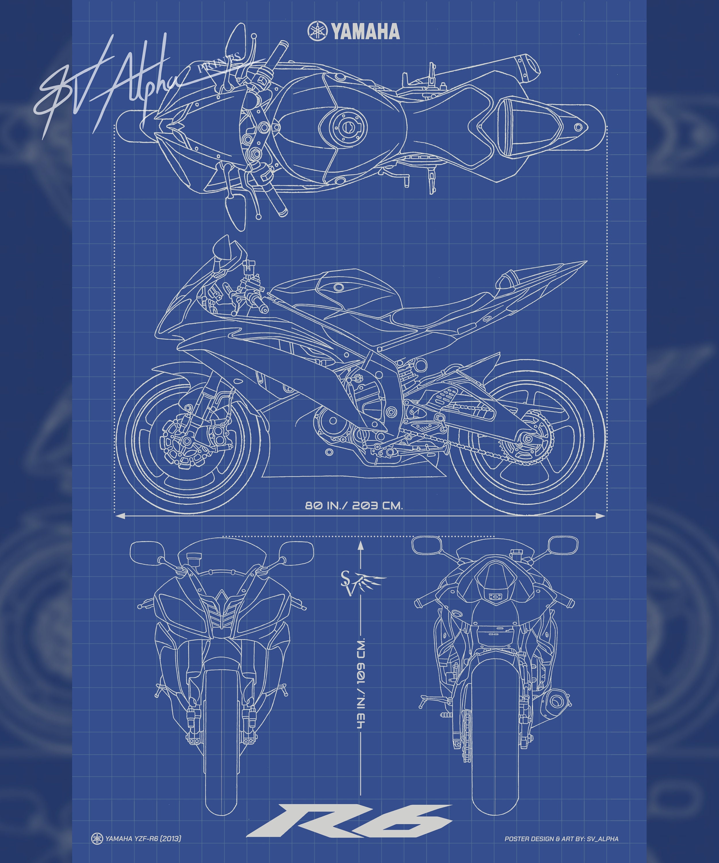 Yamaha YZF-R6 (2013) Minimalistic Blueprint - Motorcycle Poster - Etsy