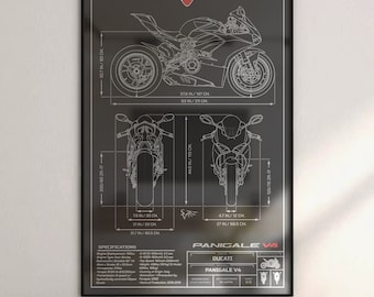 Puede incluir: Un dibujo técnico en blanco y negro de una motocicleta Ducati Panigale V4. El dibujo incluye las dimensiones de la motocicleta en pulgadas y centímetros. El texto "PANIGALE V4" se muestra en rojo y blanco.
