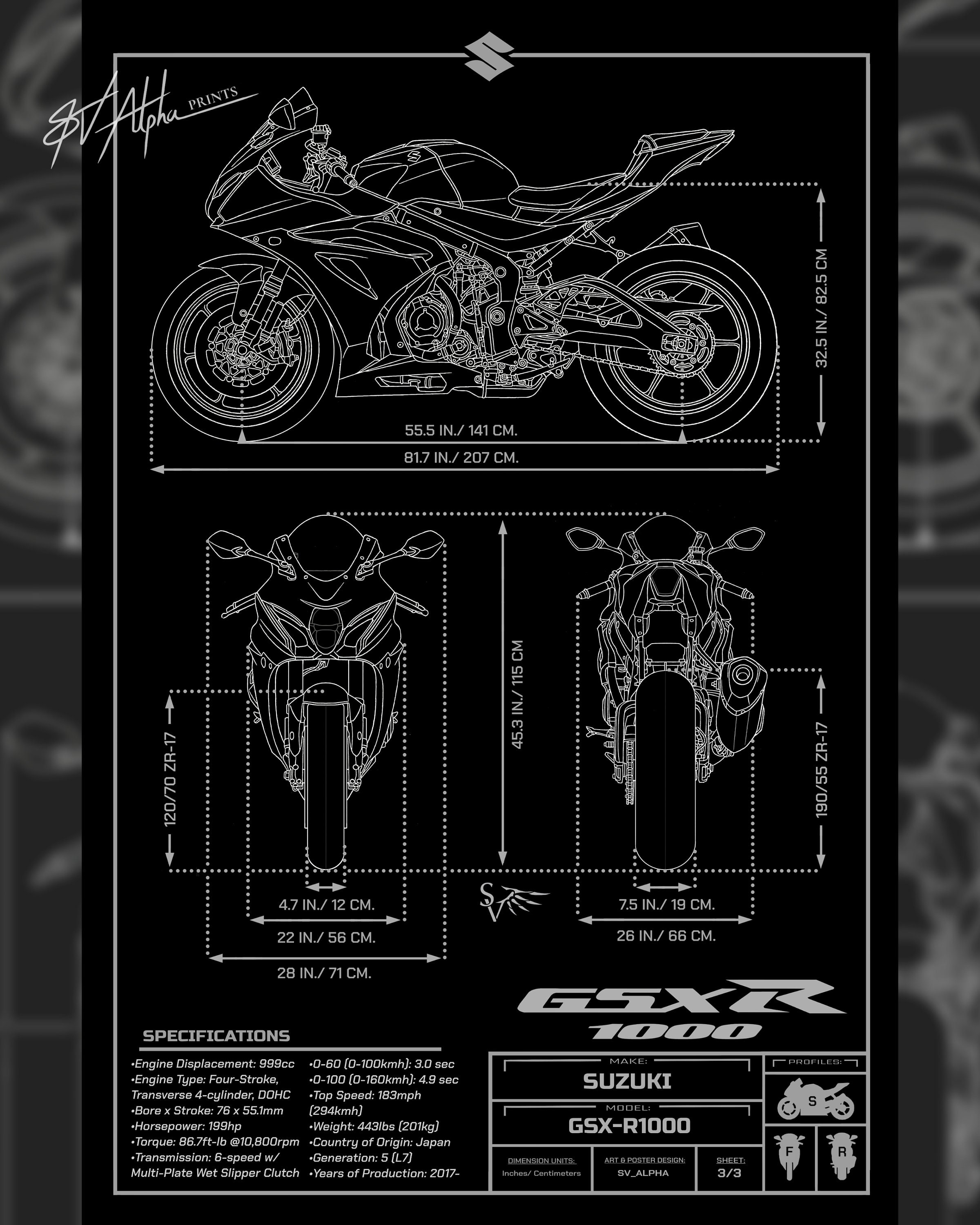 Suzuki GSX-R1000 (2019) Informational Blueprint - Motorcycle Poster - Etsy