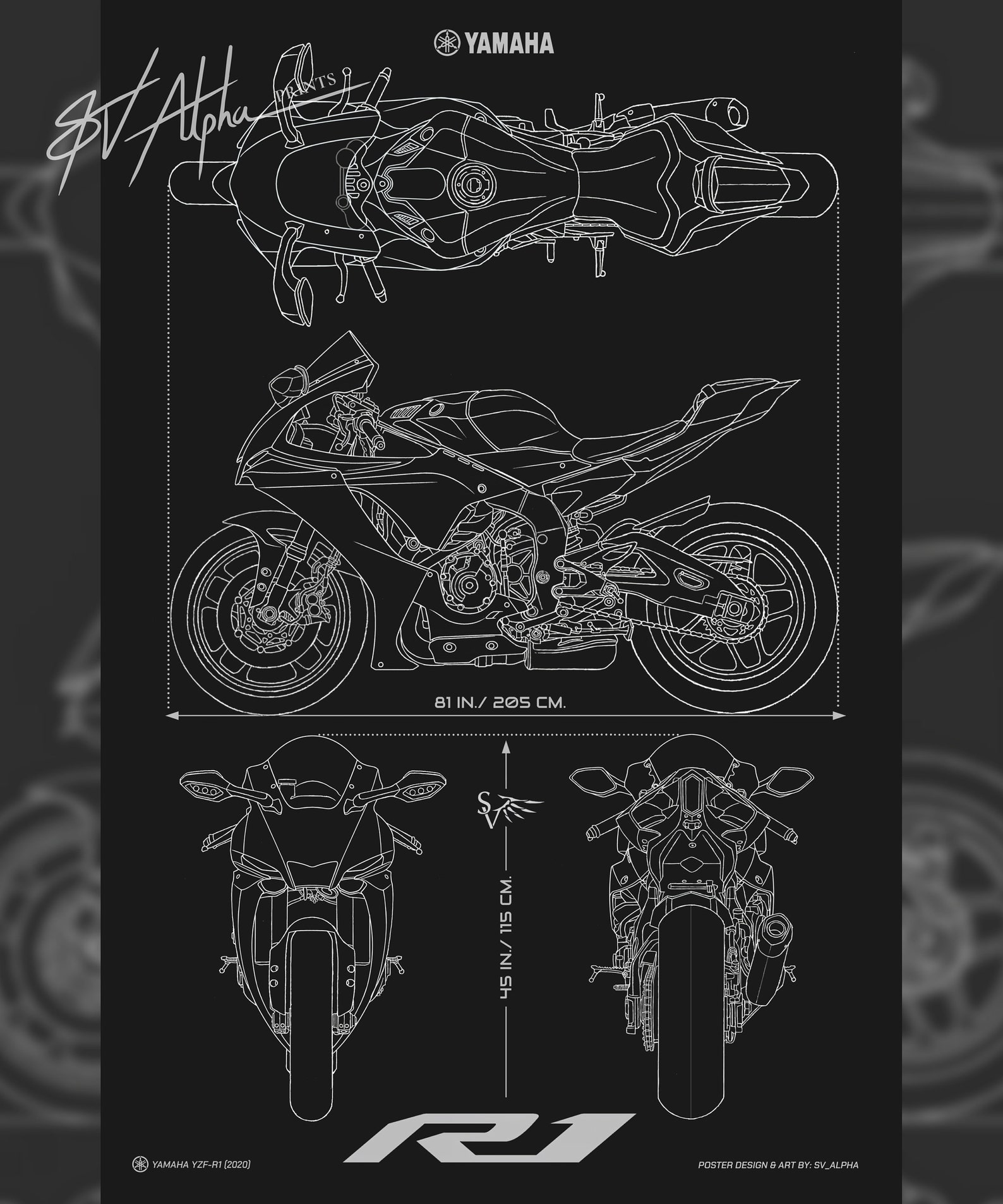 Yamaha YZF-R1 (2020) Minimalistic Blueprint - Motorcycle Poster - Etsy