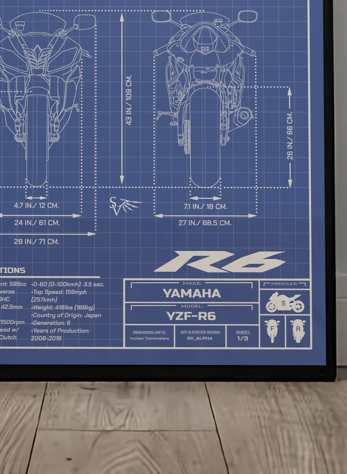 Yamaha YZF-R6 (2013) Informational Blueprint - Motorcycle Poster - Etsy