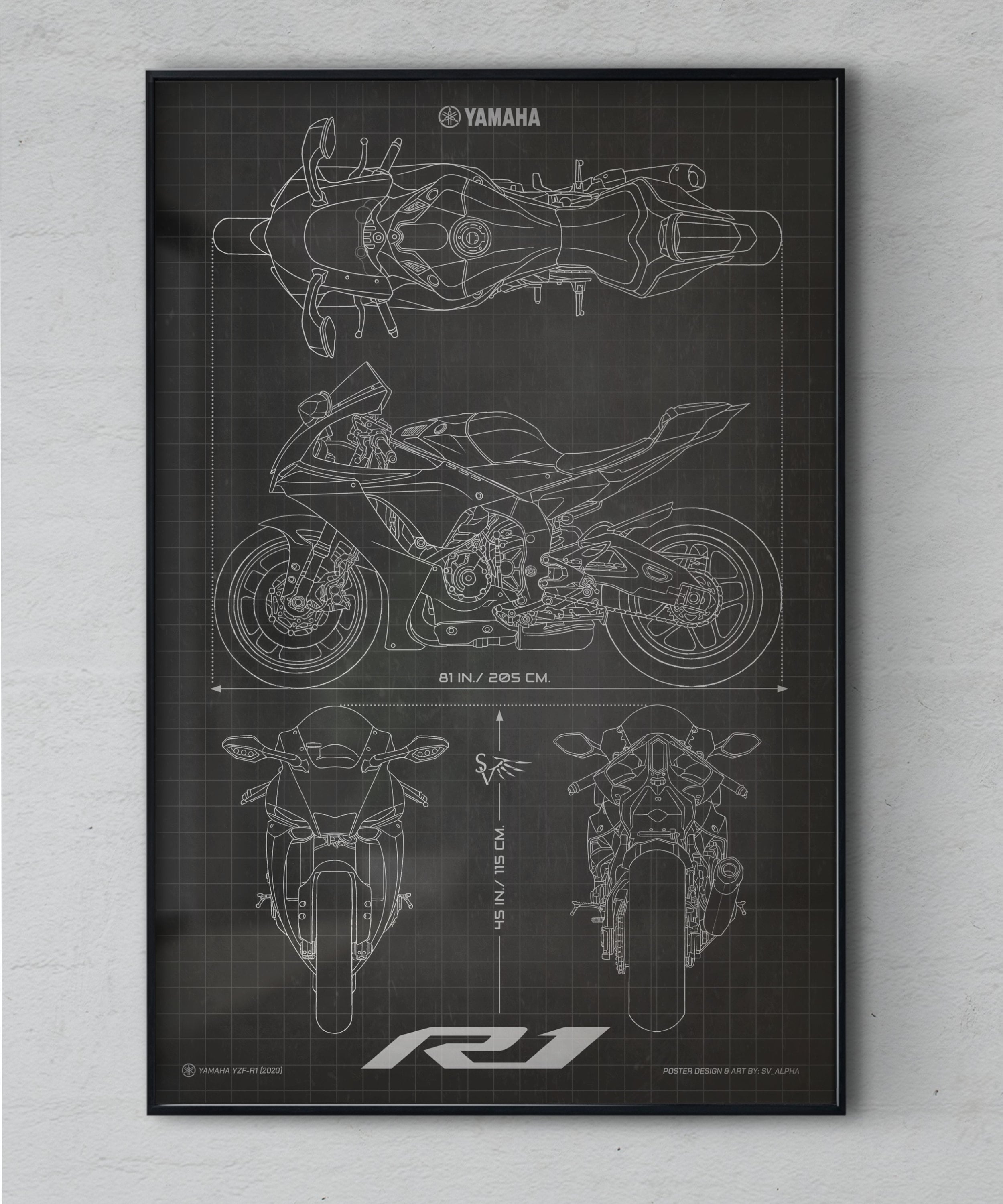 Yamaha YZF-R1 2020 Minimalistic Blueprint Motorcycle Poster 