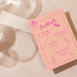 Cocktail-Menü-Schild | Rosa und Orange Bar Menü Vorlage | Bearbeitbares Canva Champagne Tower Zeichen | Party-Getränke zum Ausdrucken