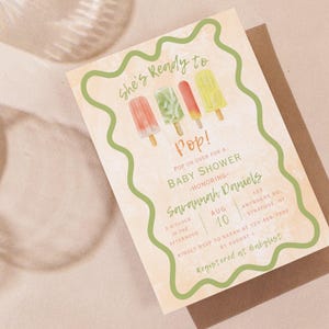 She’s Ready to Pop Baby Shower Invitation | Summer Watercolor Popsicle Theme | Editable Template