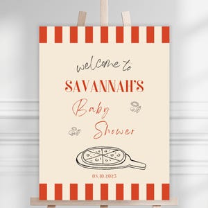 Placa de boas-vindas para chá de bebê com entrega especial, modelo de convite para chá de bebê com pizza, convite neutro para chá de bebê, DOWNLOAD DIGITAL