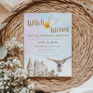 May include: A gender reveal invitation card with the text "Witch or Wizard". The card features a castle illustration, an owl carrying a letter, and the names Joanna & Nicolas. The invitation is set against a light blue and gold background.