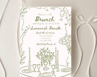Whimsical Bridal Brunch Invitation Template: Green Illustrated Design (Editable Download)