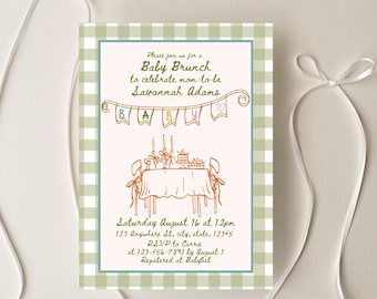 Hand Drawn Green Baby Brunch | Baby Shower Invitation, Whimsical Garden Invite Template, Gender Neutral Baby Shower, Editable download