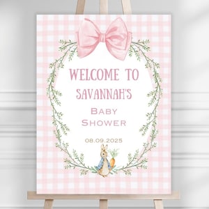 Baby shower a tema coniglio, modello per cartello di benvenuto per baby shower a tema bosco, neonata, cartello stampabile a quadretti rosa, DOWNLOAD DIGITALE