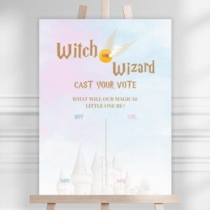 May include: A gender reveal party sign with a watercolor background and a golden castle illustration. The sign reads "Witch or Wizard" and asks guests to "Cast your vote" for boy or girl.