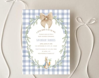 Rabbit Baby Shower, Woodland Baby Shower Invitation Template, Gender Neutral, Blue Checkered Printable Invite, DIGITAL DOWNLOAD