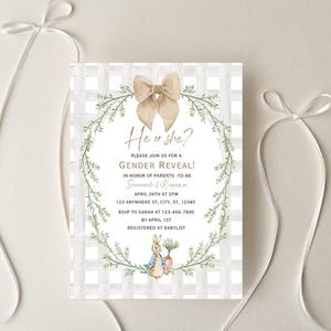 Kaninchen Gender Reveal, Waldland He oder She Reveal Einladung Vorlage, Gender Neutral, Beige Kariert Printable Invite, DIGITAL DOWNLOAD