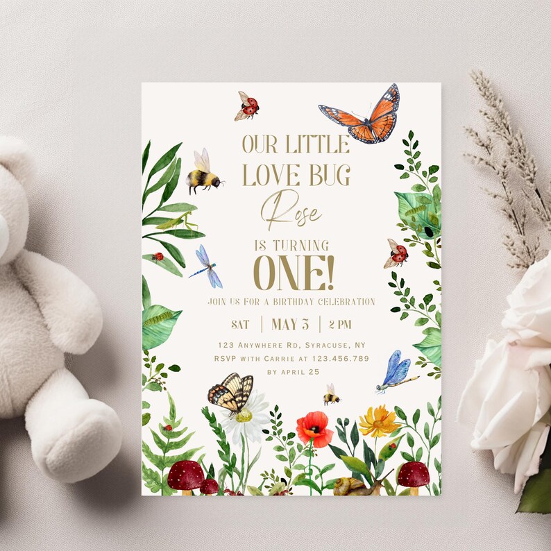 Wildflower Love Bug Birthday Printable Invitation, Butterfly, Bees ...