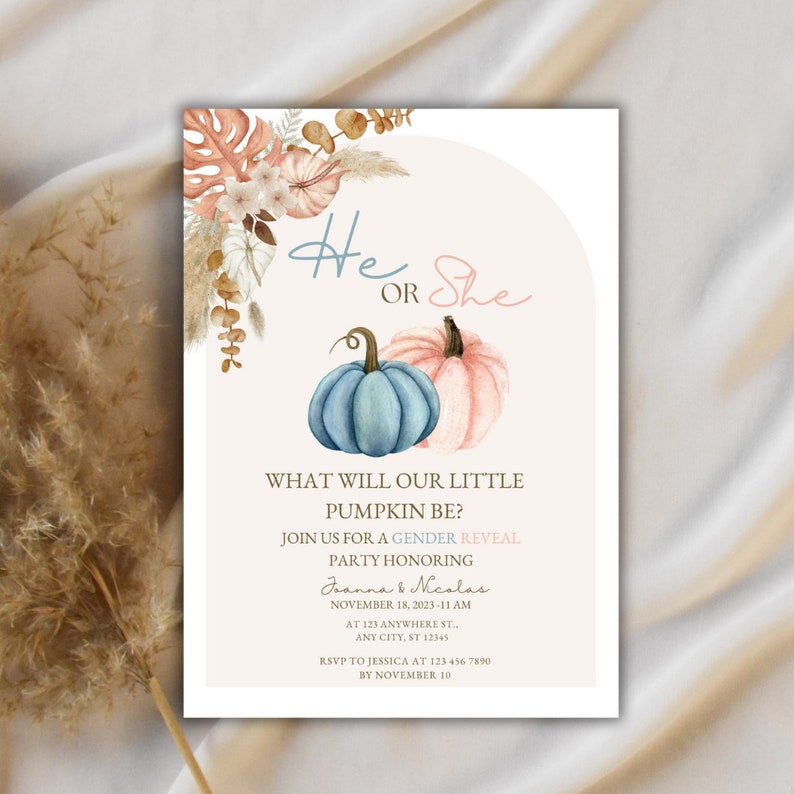 Editable Little Pumpkin Gender Reveal Invitation, He or She Invitation, Blue or Pink Invite ...