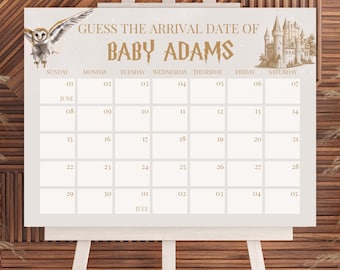 May include: A beige printable baby shower game card with a calendar for June and July. The card has a gold owl and castle graphic and the text "Guess the arrival date of Baby Adams".