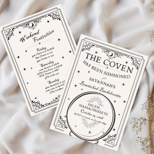 May include: Two cream-colored invitation cards with black text and decorative borders. One card reads "Weekend Festivities" with a schedule. The other says "The Coven Has Been Summoned" for a bachelorette party in Salem, Massachusetts.
