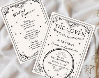 May include: Two cream-colored invitation cards with black text and decorative borders. One card reads "Weekend Festivities" with a schedule. The other says "The Coven Has Been Summoned" for a bachelorette party in Salem, Massachusetts.