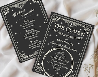 May include: Two black invitation cards with white text. One card reads "Weekend Festivities" with a schedule. The other says "The Coven Has Been Summoned" for a bachelorette party in Salem, Massachusetts.