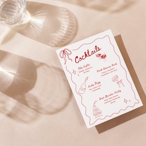 Menu de bebidas de despedida de solteira vintage vermelho, design ilustrativo, coquetéis, rabisco, arco desenhado à mão, modelo editável caprichoso