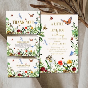 Little Love Bugs Baby Shower stampabile, pacchetto di inviti con farfalla, api, libellula, coccinella, baby shower in giardino, biglietto di ringraziamento