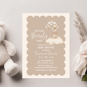 Teddy Bear Baby Shower Invitation: Neutral Beige Balloon Design (Digital Download, Editable Template)
