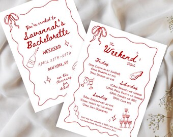 Plantilla de invitación e itinerario de despedida de soltera vintage en rojo: Diseño de garabatos (descarga instantánea)