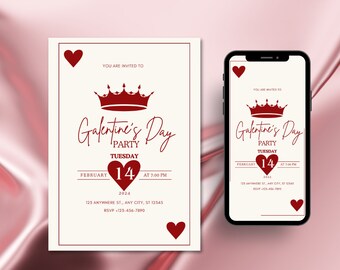 Editable Galentines Day Queen of Hearts Party Invitation Instant Download