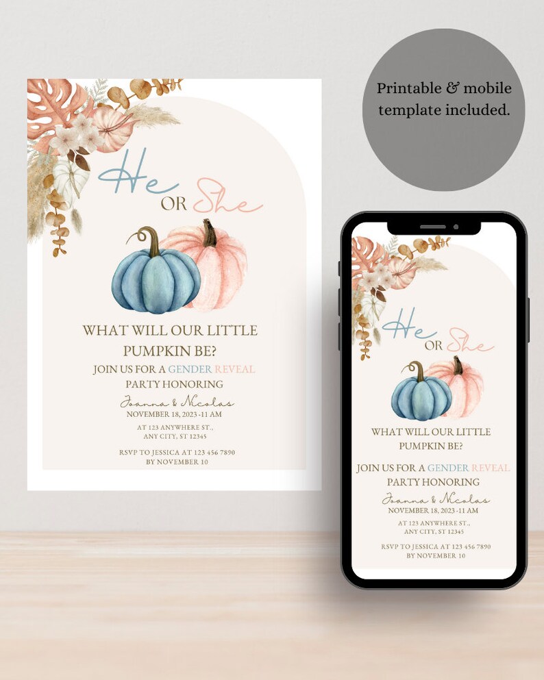 Editable Little Pumpkin Gender Reveal Invitation, He or She Invitation, Blue or Pink Invite ...