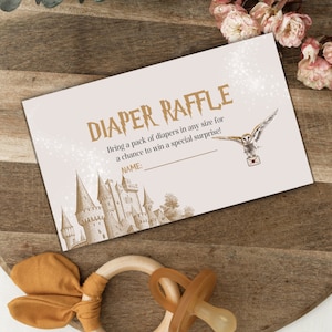 Magische uil babyluier loterijkaart, magische leveringssjabloon, babyshoweraccessoires, toverstaf, kasteel