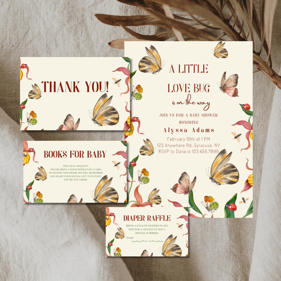 Vintage Little Love Bug Baby Shower Printable Invitation Bundle, Spring and Summer Themed Editable Baby Shower Template