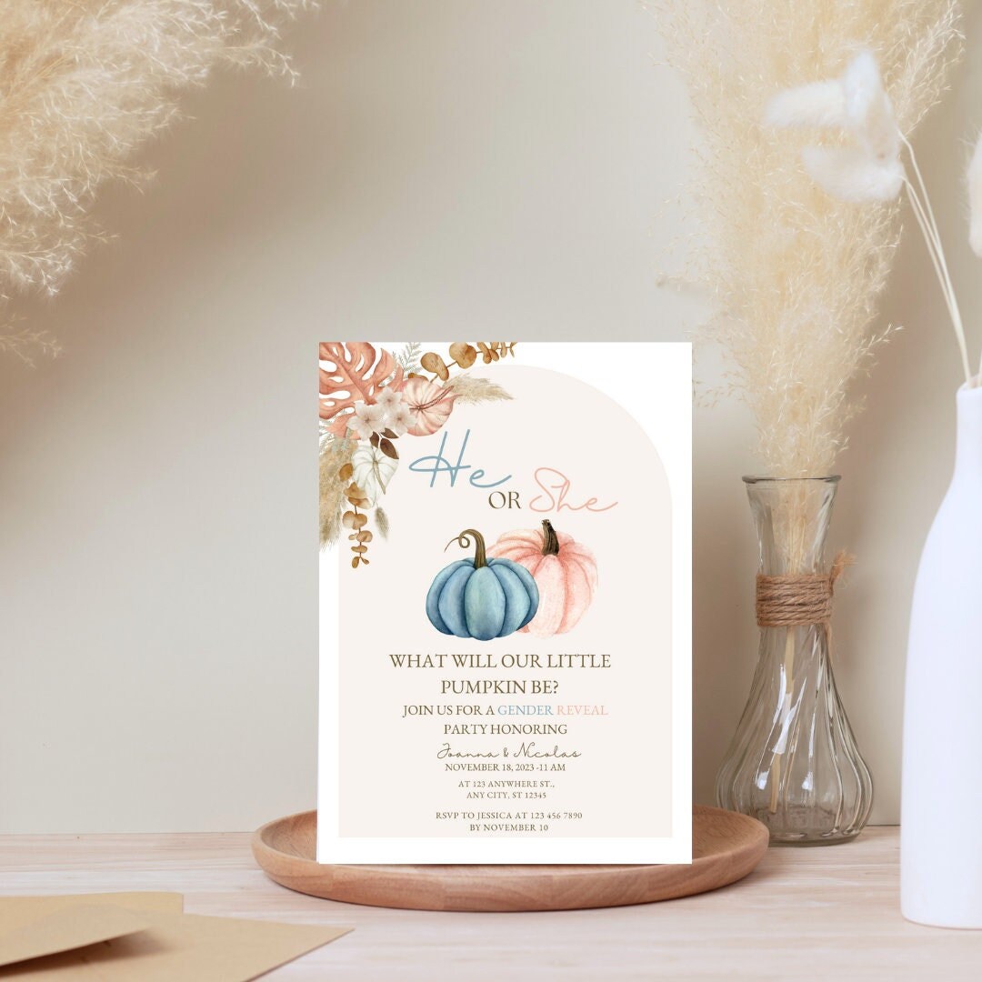 Editable Little Pumpkin Gender Reveal Invitation, He or She Invitation, Blue or Pink Invite ...